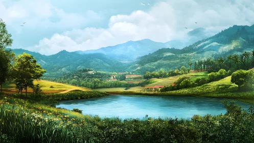 Quiet lakeside valley under soft blue mountain horizons.