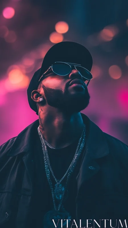 Hip hop artist in neon city lights with reflective shades.