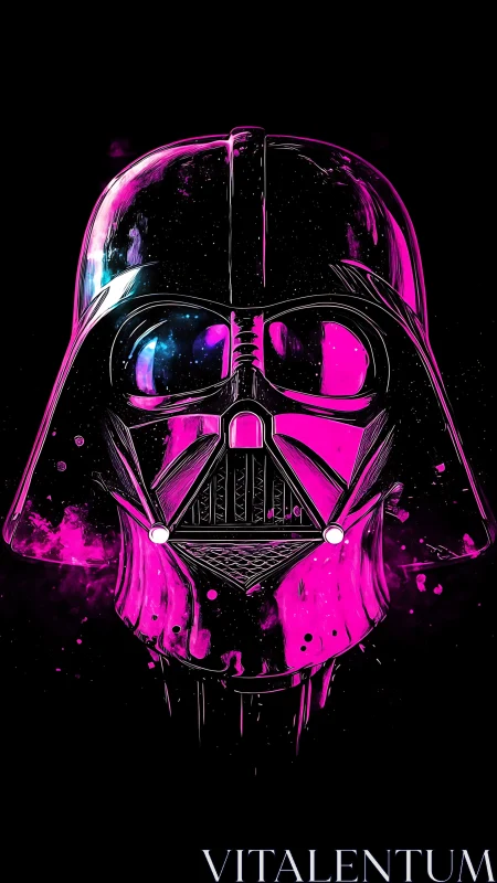 Neon magenta sci‑fi helmet portrait on deep black field.