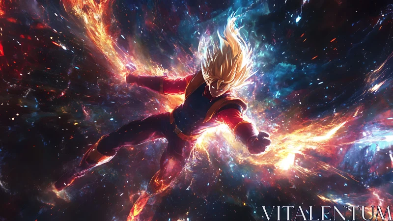 Blazing space hero hurtles through a swirling cosmic firestorm