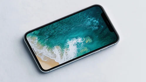 Smartphone with ocean display lies on clean white surface.