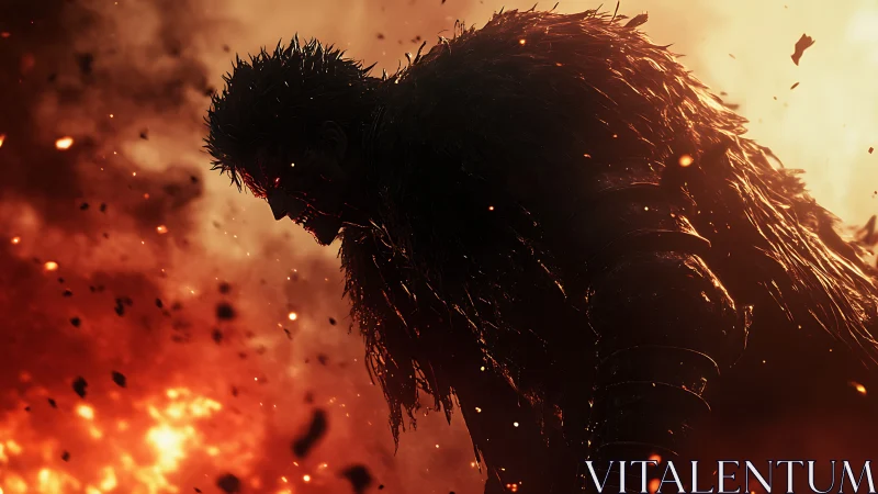 Armored shadow warrior in burning ember storm, side profile