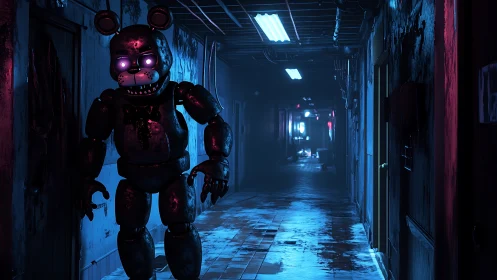 Neon-eyed animatronic stalks a flooded midnight hallway.