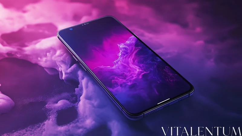 Modern smartphone lies on illuminated purple vapor surface