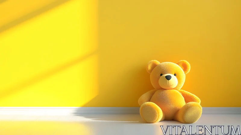 Sunny teddy bear rests happily against a bright yellow wall