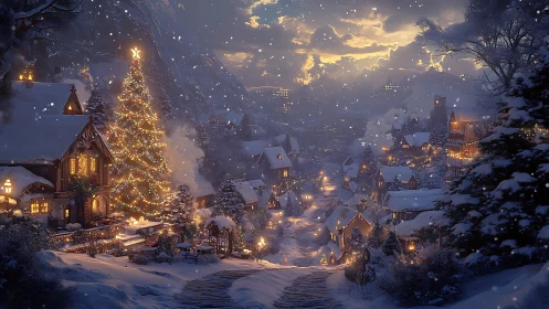 Snowy village street with large glowing Christmas tree.