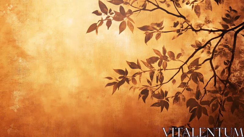 Sepia foliage silhouette on textured golden ground painting.
