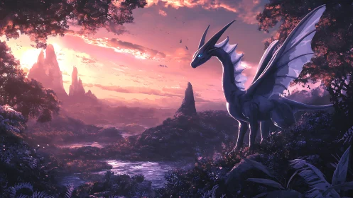 Majestic winged dragon watching a glowing sunset valley.