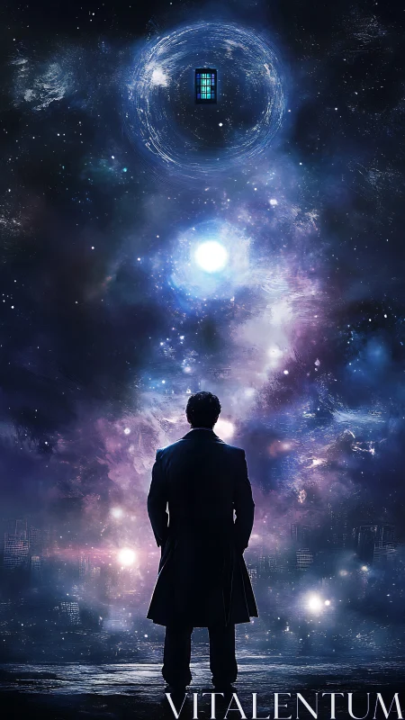 Silhouetted wanderer confronts swirling cosmic portal above