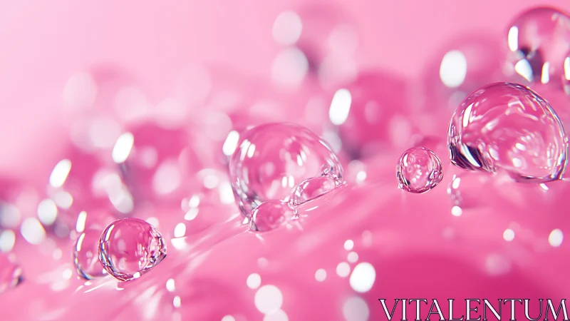 Transparent liquid droplets on smooth pink surface macro.
