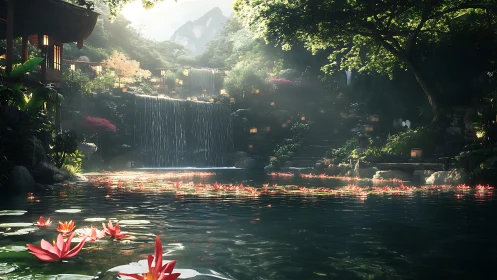Tranquil lantern lit waterfall garden with lily pond view.
