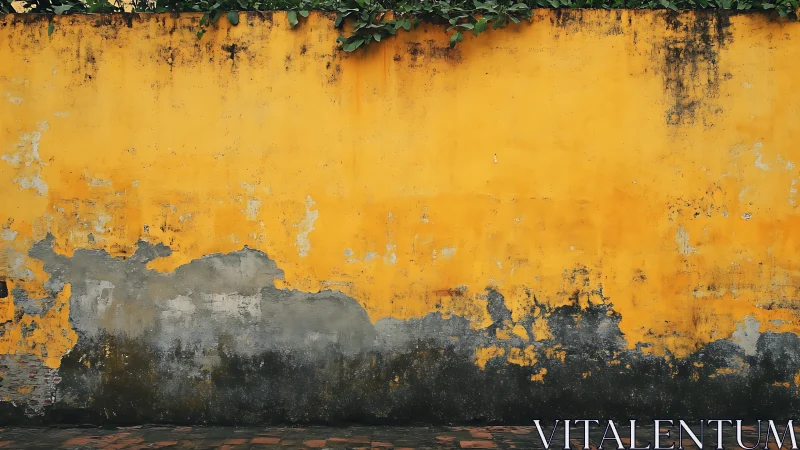 Weathered yellow concrete wall with dark stains and ivy.