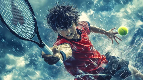 Storm-charged tennis hero diving through wild, bright rain.