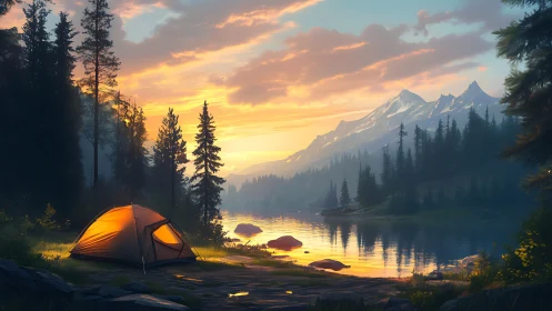 Cozy riverside tent glowing beneath a pastel mountain sunrise.
