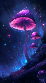 Glowing neon mushrooms rise in a dreamlike midnight forest