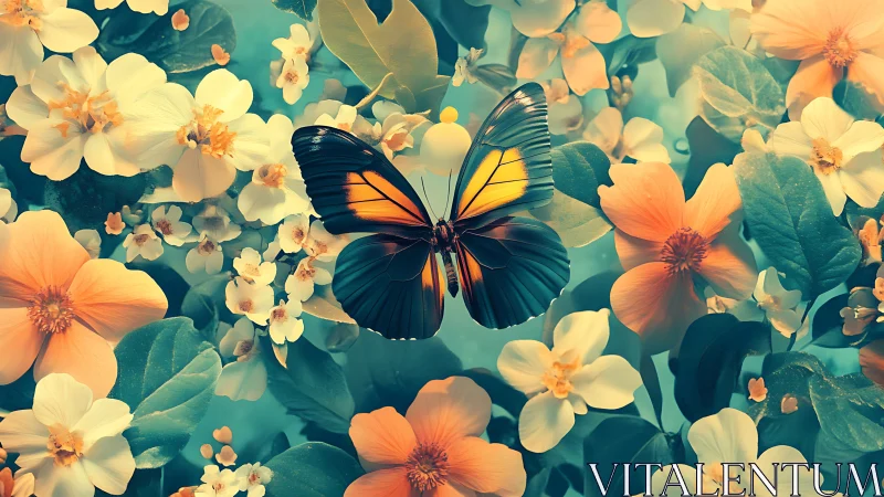 Gentle butterfly pause among dreamy teal garden blooms.