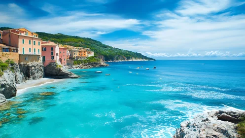 Colorful cliffside Mediterranean village overlooks turquoise bay