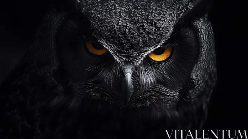 Intense close-up of owl face in dramatic dark lighting, high detail.