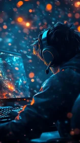 Focused gamer at PC in neon blue and orange glow.