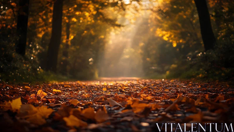 Forest pathway with autumn leaves and diffused light.
