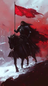 Armored war rider advances through red mist with tattered banner