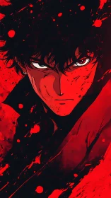 Anime portrait with dynamic red splatter and noir shadowing.