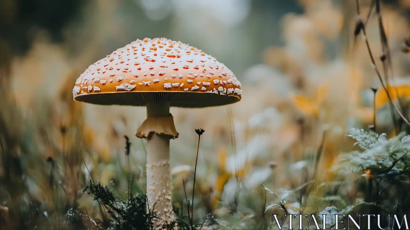 Single mushroom stands in shallow depth-of-field woodland scene
