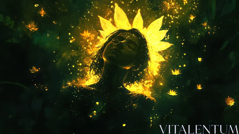 Woman’s dark silhouette framed by radiant yellow petals.