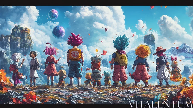 Anime adventurers overlook floating islands and twin worlds.