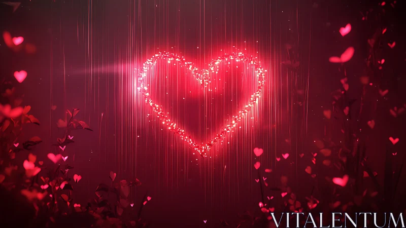 Neon Heart Emanation with Particle Rain Against Burgundy Gradient