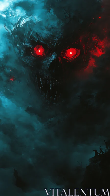 Skull-like spectral face with red eyes in dense blue mist.