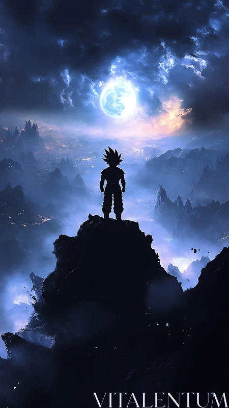 Lone spiky‑haired warrior watching a colossal moonrise.