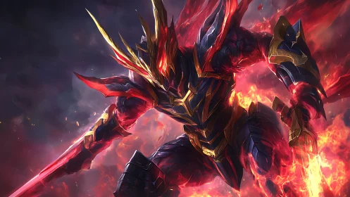 Infernal armored warrior in dynamic digital battle composition.