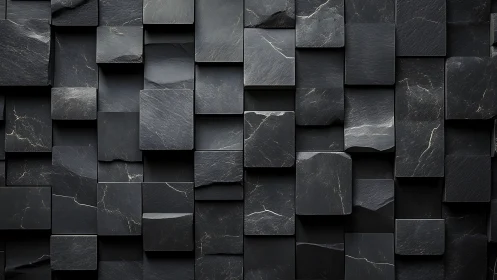 Stacked black stone wall with layered square tiles texture.