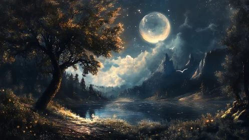 Moonlit twin-sun lake glows beneath towering mystic peaks