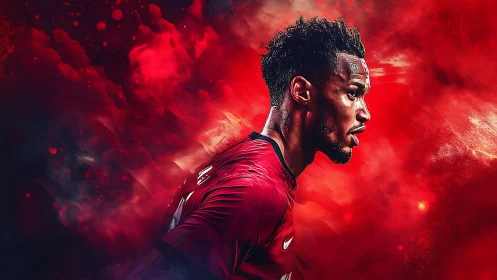 Digital portrait of intense football player in red motion storm.