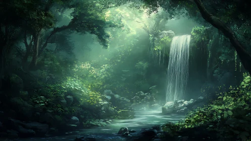 Cascading Waterfall Through Verdant Forest Canopy with Luminous Atmospheric Haze