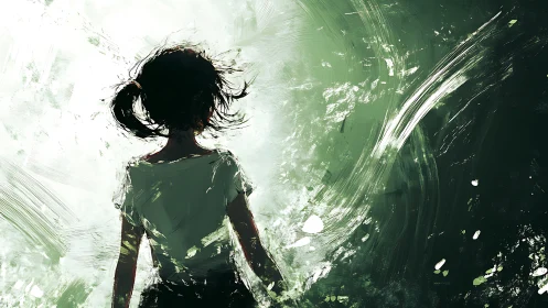 Silhouetted girl stands in abstract swirling green light.