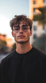 Warm city portrait of a thoughtful young man at sunset.