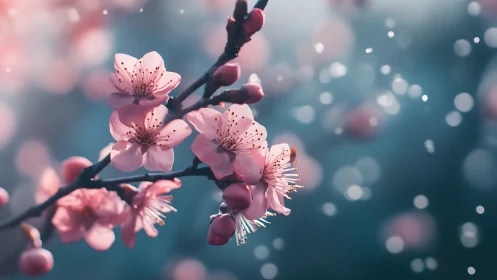 Cherry blossom branch exhibiting precise pink petals with intricate stamens and bokeh rendering
