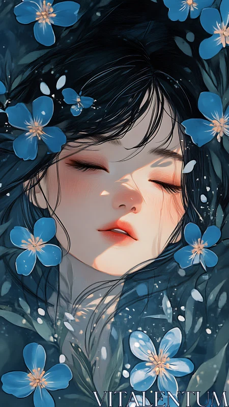 Dreamlike girl portrait framed by luminous blue blossoms.