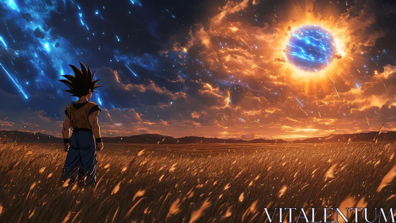 Anime warrior watching cosmic sun over windy field.