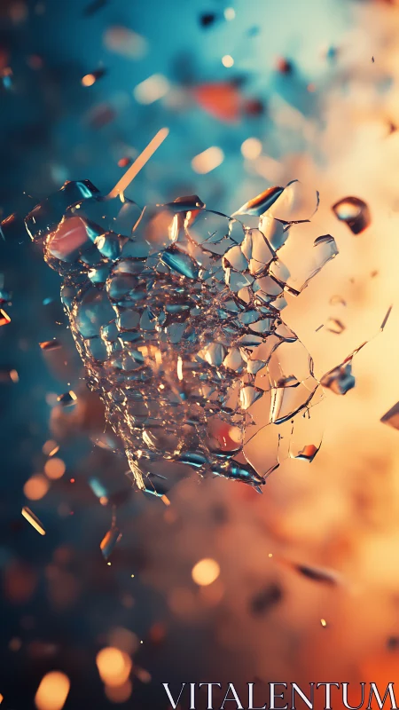 Shattered glass mesh fragments suspended in bokeh-lit depth field