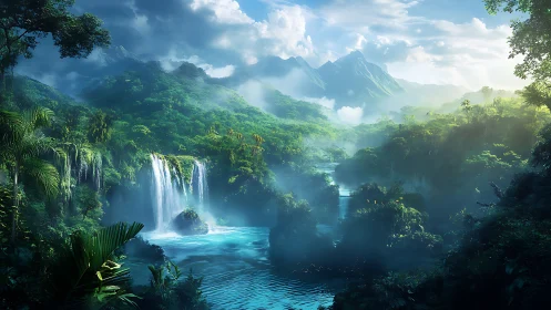 Lush river valley with waterfalls under distant mountain range.