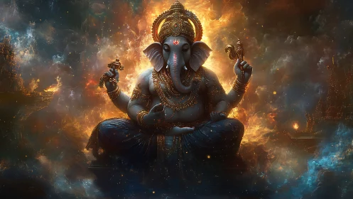 Luminous multi-armed elephant deity in nebular firefield.