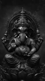 Detailed monochrome depiction of seated Ganesha sculpture form.