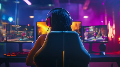 Person uses triple-monitor gaming workstation in neon room