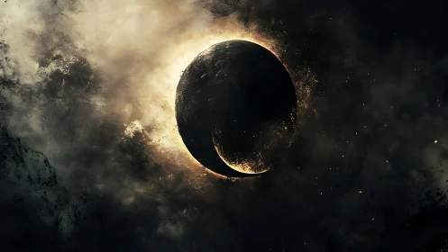 Solar eclipse silhouette with molten corona glow in void.