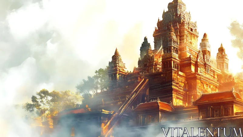 Sunlit stepped temple fortress rises through glowing mist.