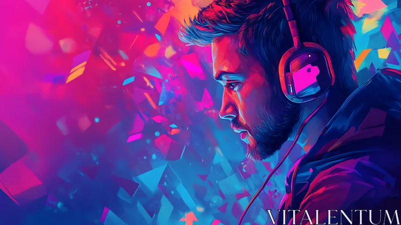 Neon gamer portrait immersed in abstract digital soundscape.
